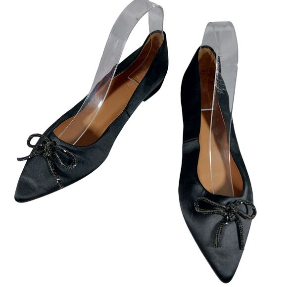 J. CREW! BLACK SATIN LOW HEEL GLITTERY BOW FRONT POINTY TOE FLATS! SZ 6.5M - Picture 3 of 10